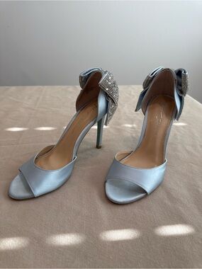 Betsey Johnson Powder Blue Satin Heels with Rhinestone Bow